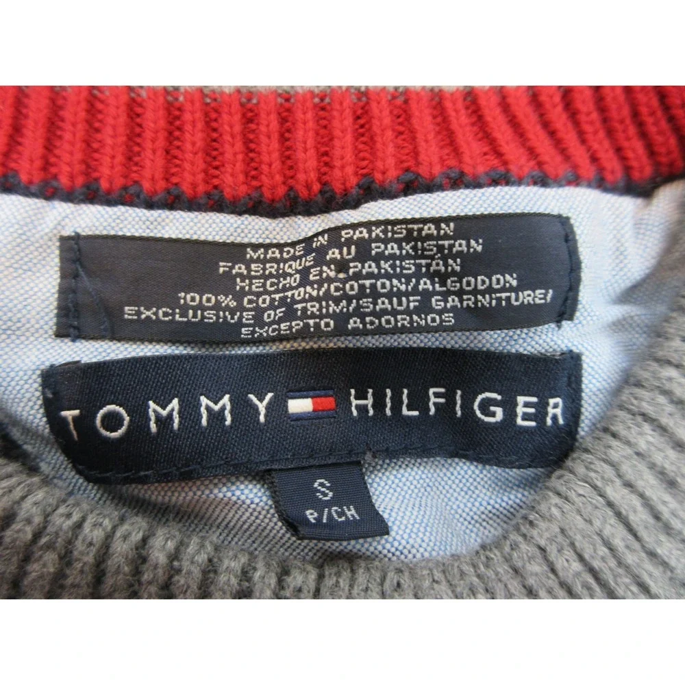 Tommy Hilfiger Sweater Mens Small Gray Crewneck Striped Knit Pullover Logo